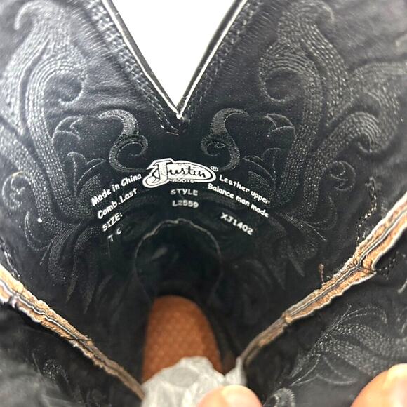 Justin Boots Girls 7 Brown Leather Western Cowboy Boots Pointed Toe Low Heel - Picture 9 of 11